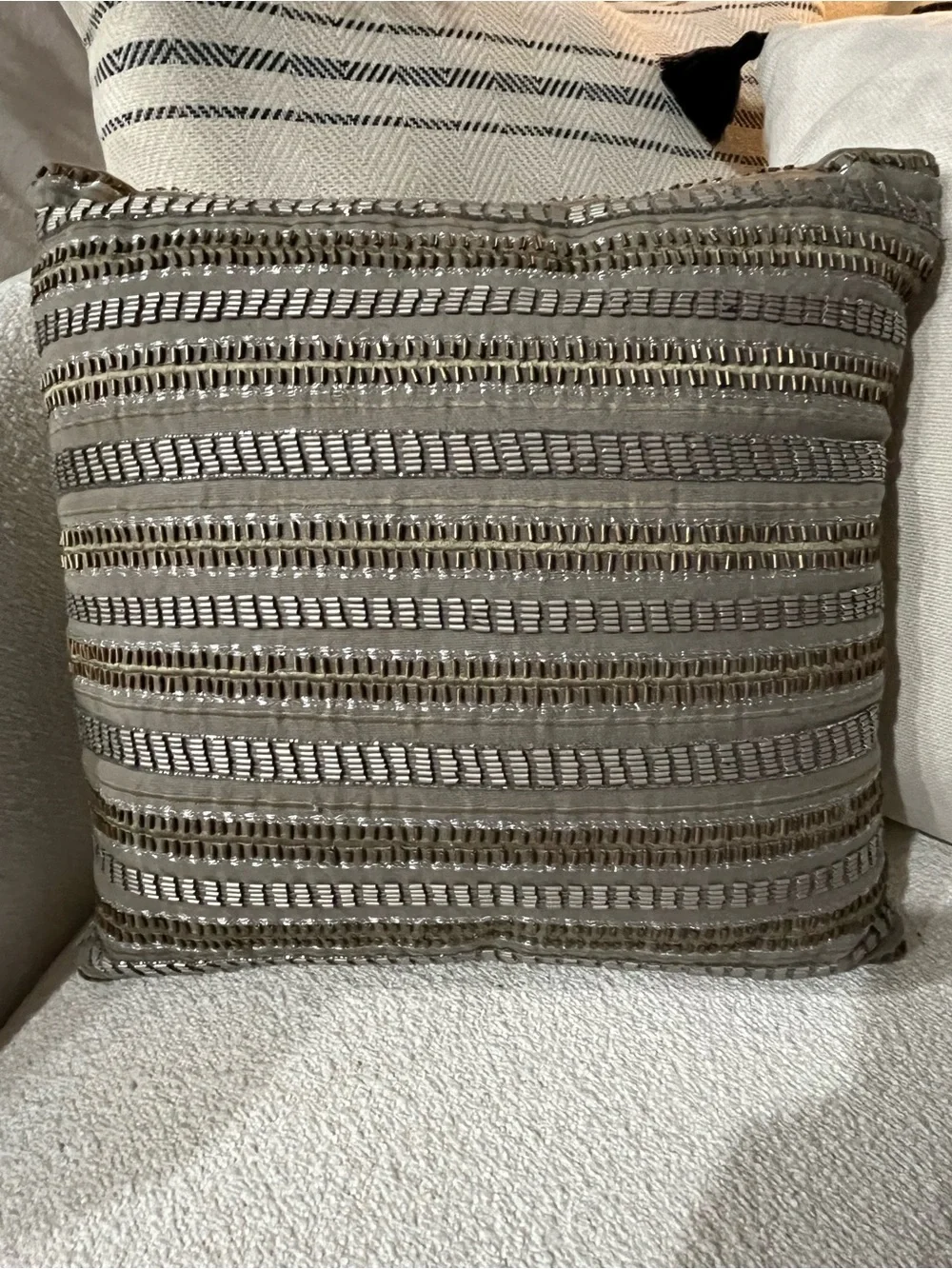 Waterford Decorative Pillow 14 x 14 Taupe with Metallic Thread & Beading